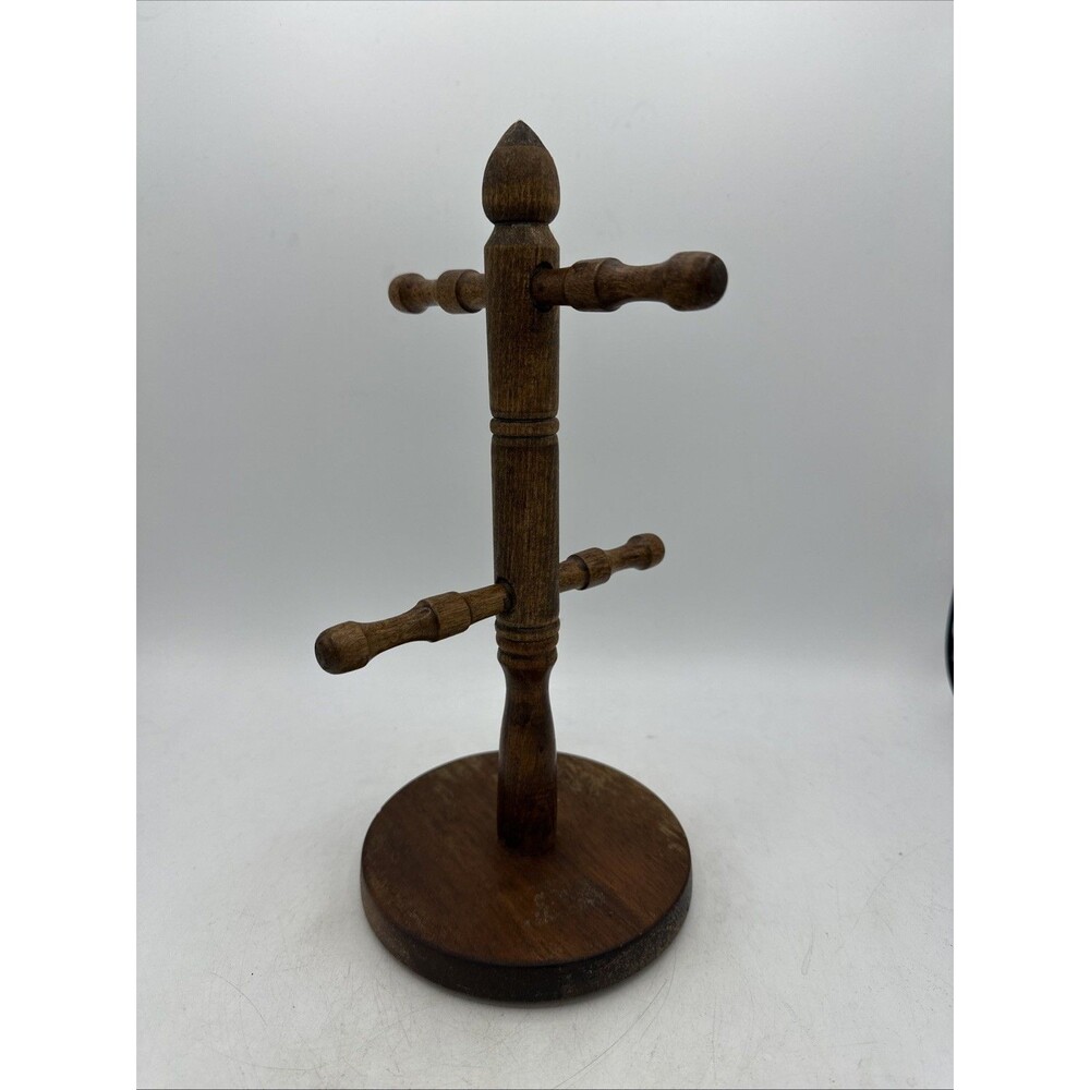 Vintage Wooden Mug Tree Holder Dark Wood 4 Pegs 11” - Picture 1 of 16